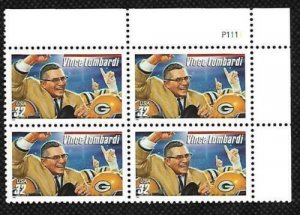1997 Vince Lombardi Plate Block of 4 32c Postage Stamps, Sc# 3147, MNH, OG