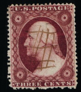 Scott #26 XF - 3c Dull Red - Type IV - Washington - Used Pen Cancel - 1857