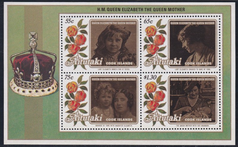 Aitutaki # 373-376 & 377, Queen Mother's 85th Birthday, NH, 1/2 Cat,