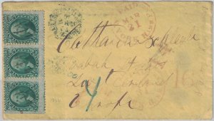 US Scott #68 Strip of 3 on 1866 cover to Switzerland