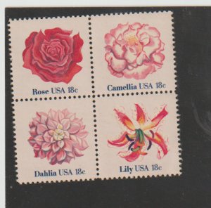 US Scott #1876-1879 MNH se-tenant block of 4, 18c Flowers