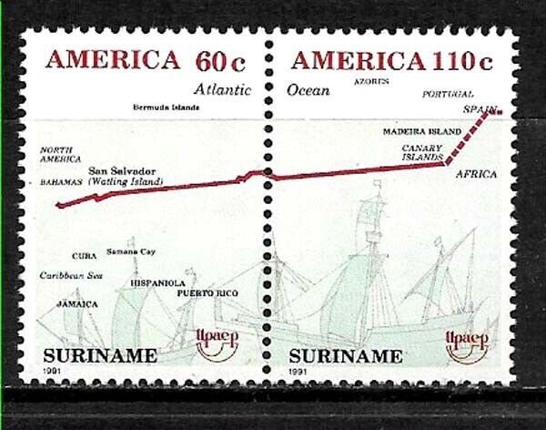 #6019 SURINAME UPAEP AMERICA 1991 DISCOVERY SHIPS MAP YV 1229-30 MNH 