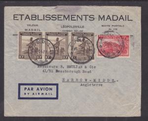 Belgian Congo Sc 219, 224 (3) on 1947 Air Mail cover to England