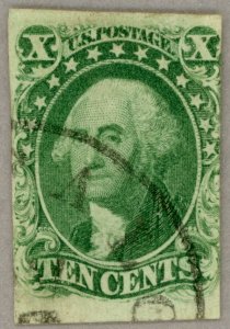 US Scott#13 1855 10c Washington type I, bottom margin, light cancel