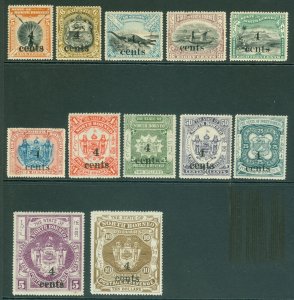 SG 146-57 North Borneo 1904-05. 4c surcharges set of 12. Fresh mounted mint...