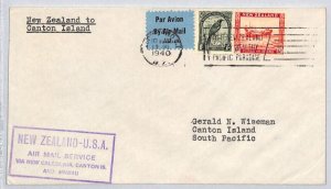 NEW ZEALAND Air Mail Cover Auckland CANTON ISLAND Kiribati USA 1940 ZC200 