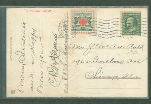 US 333/WX5 1910 Christmas seal tied by machine cancel (deemed illegal by post office department)