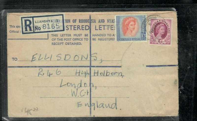 RHODESIA & NYASALAND COVER (P0506B) QEII FORMULA RLE+6D+1/3 REG LUANSHYA TO UK