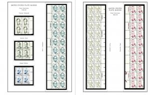 COLOR PRINTED US PLATE BLOCKS 1980-1989 STAMP ALBUM PAGES (104 illustr. pages)