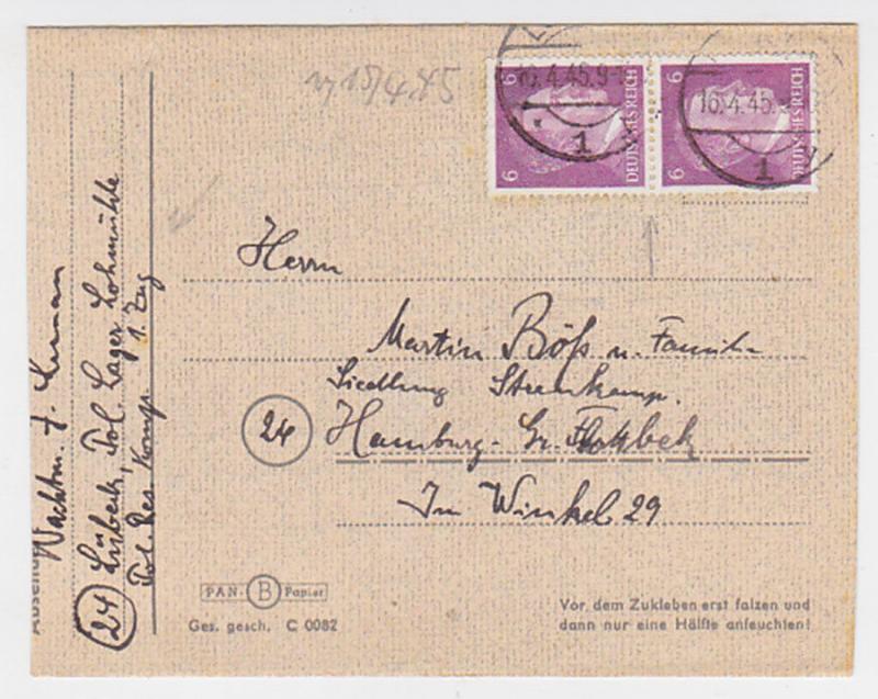 1945 Lubeck Germany Letter Cover from Gestapo Prisoner to Hamburg