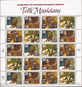 US Stamp 1998 Folk Musicians - 20 Stamp Sheet - Scott #3212-5