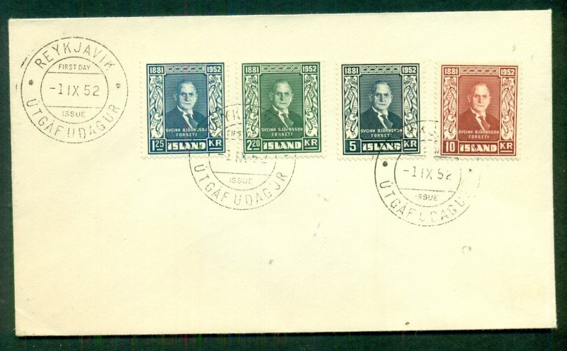 ICELAND 1952, FDC, Bjornsson set (Scott 274-7), VF Facit $42.00