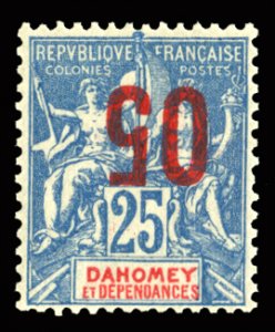 French Colonies, Dahomey #36a Cat$240, 1912 5c on 25c blue, surcharge inverte...