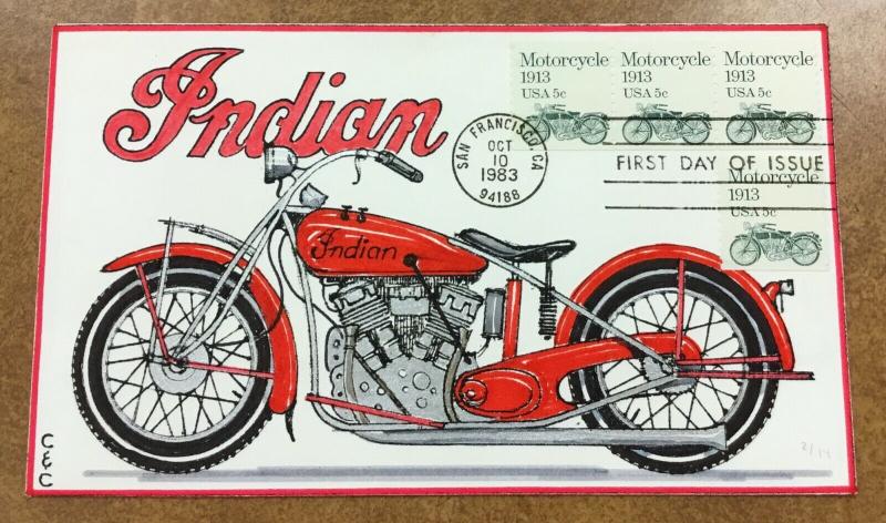  HANDPAINTED C&C Cachet FDC  Indian MOTORCYCLE 1983 SC# 1899 2/14 red