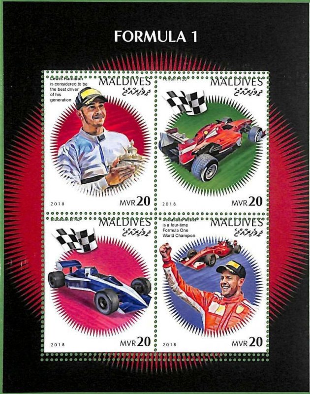 A2129 - MALDIVES, ERROR: MISPERF, MINIATURE S - 2018 Formula 1, Vettel, Hamilton