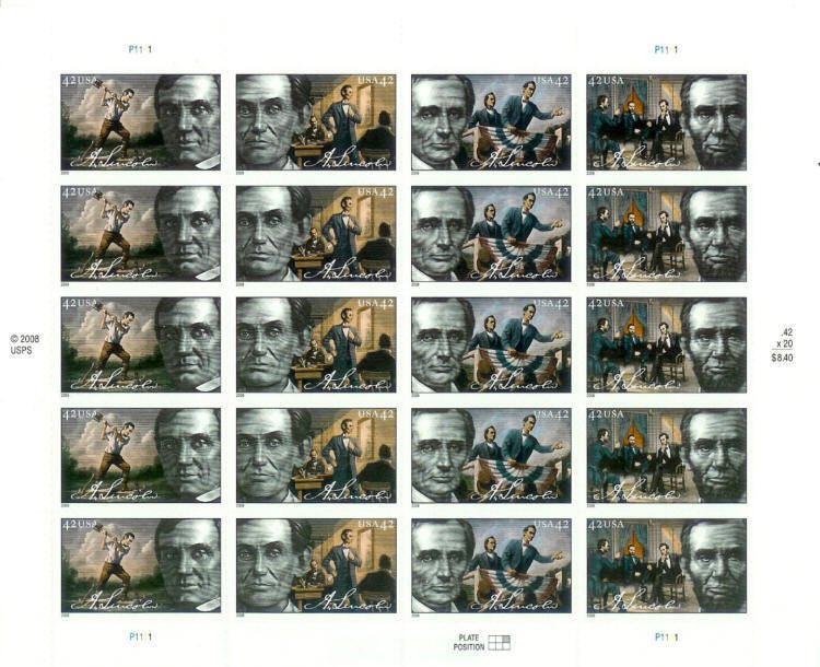 2009 42c Abraham Lincoln Birth, 200th, Sheet of 20 Scott 4380-83