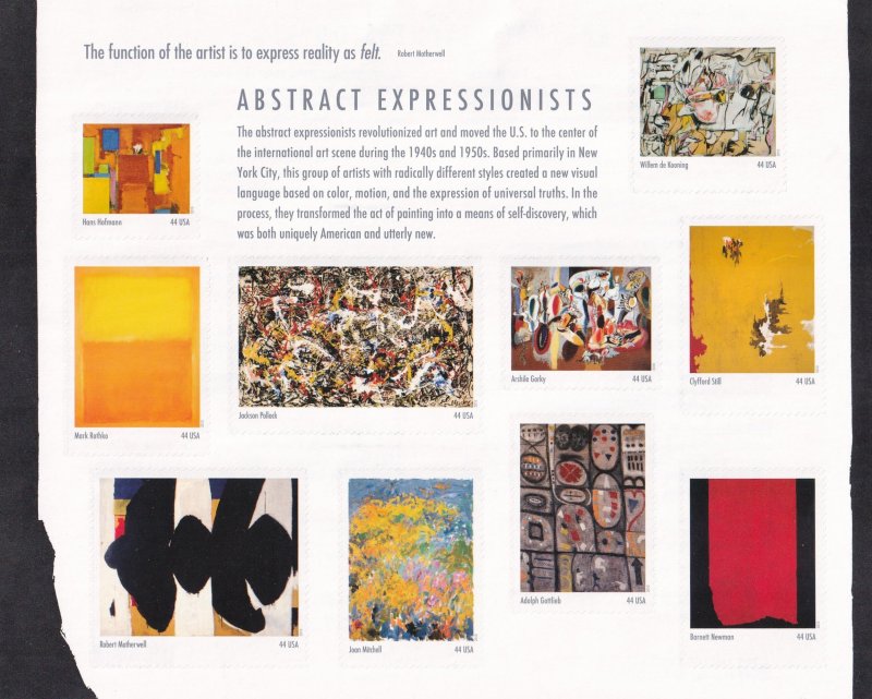 U.S. 44c Abstract Expressionists Sc #4444 MNH,  Sheet/10 (S19157)