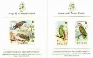 Belize 1984 Parrots set of 4 imperf proofs mounted on two...