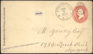 South Carolina 1886 Bucksville DPO Cover  Postal Stationery 111621