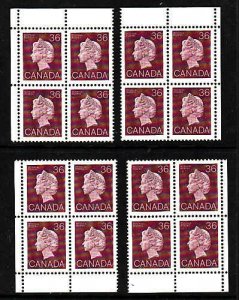 Canada id#12033-Sc#926A-set of 4 corner blocks-36c plum QEII-NH-1987-