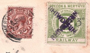 GB Wales Mon BRECON MERTHYR RAILWAY 3d Letter Stamp *RHIWDERIN* Cover 1920 R55c 