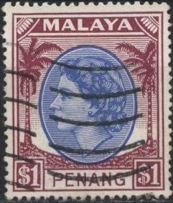 Malaya: Penang 42 (used) $1 Queen Elizabeth II, vio brn & ultra (1954)