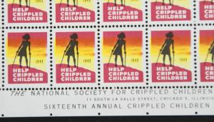 1949 Easter Seals Crippled Children Label, Cinderella Stamp Full Sheet of 100