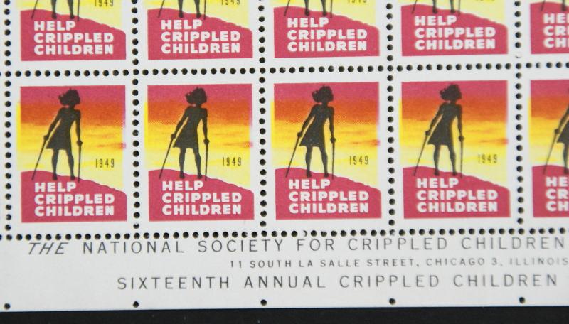 1949 Easter Seals Crippled Children Label, Cinderella Stamp Full Sheet of 100