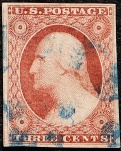 U.S. Used Stamp Scott # 11a 3c Washington, Superb. 4 Margins. Blue Cancel. Gem!