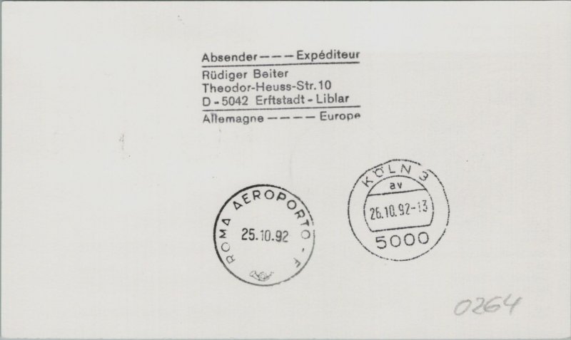 VATICAN CITY CACHET FIRST FLIGHT POSTCARD LUFTHANSA ADDR GERMANY CANCEL YR'1992