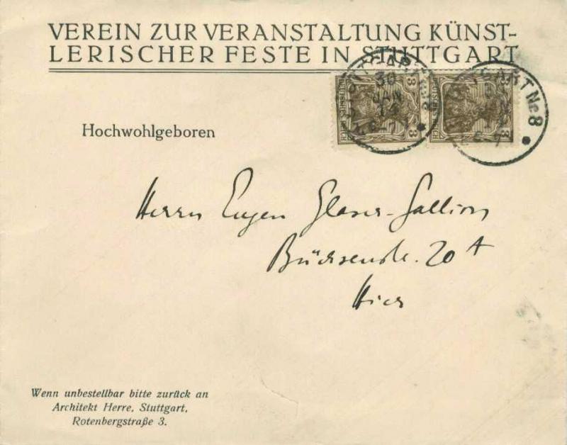 Germany 3pf Germania (2) 1914 Stuttgart Nr. 8 Local use.  Corner card Verein ...