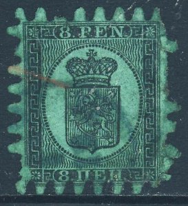 FINLAND 1866 8p Pale Bllack on Blue-Green Paper Roulette 8 Type iii SG 46 FU