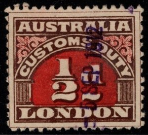 1890's Australia London 1/2 d Customs Duty Used September 5, 1912 Cancel