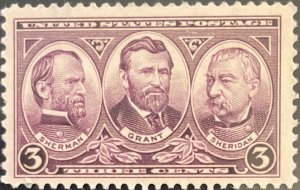 Scott #787 1937 3¢ War Heroes Army Sherman, Grant, and Sheridan unused hinged
