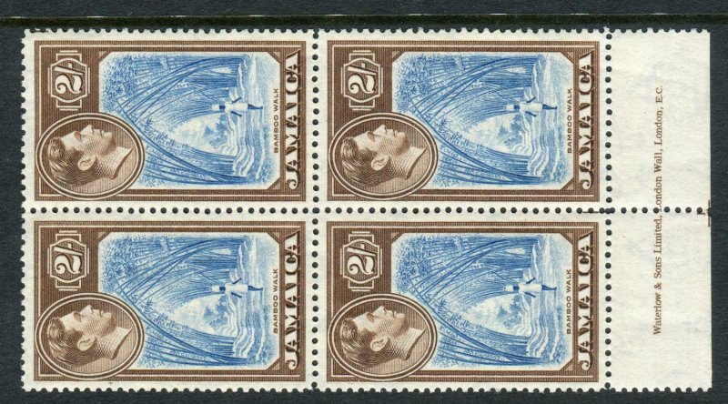 JAMAICA-1938 2/- Blue & Chocolate. A mint block of 4 with Imprint, mounted on o