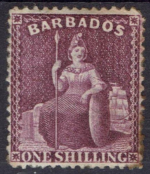 BARBADOS 1875 BRITANNIA 1/- WMK CROWN CC SIDEWAYS PERF 14