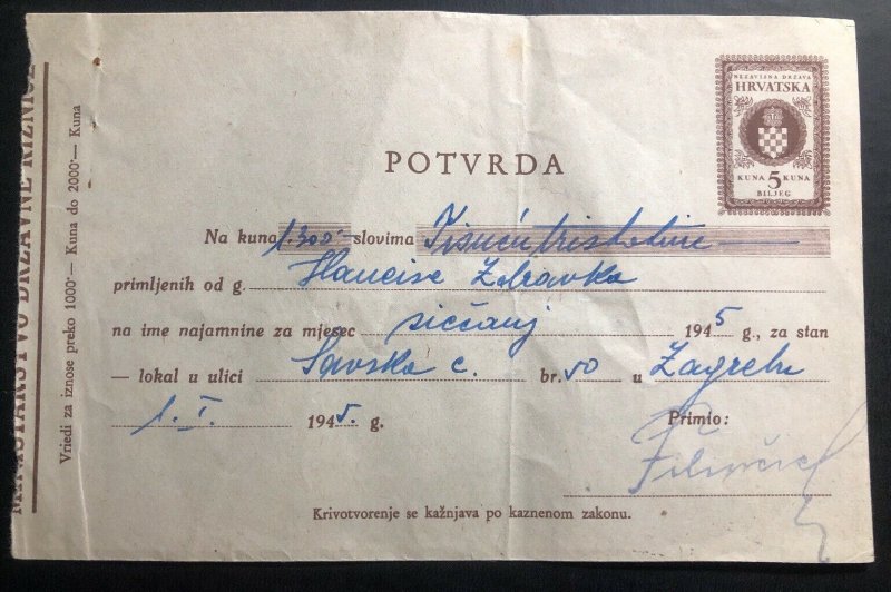 1945 Croatia Germany State Confirmation Receipt Sheet Cover To Zagreb