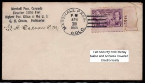 US #776 ~ Marshall Pass, Highest Post Office in US Cover - Used, MX  (04-12-36)