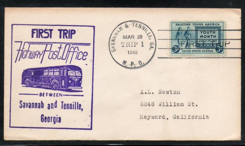 US HPO Savannah & Tennille GA TR1 First Trip 1949 B505