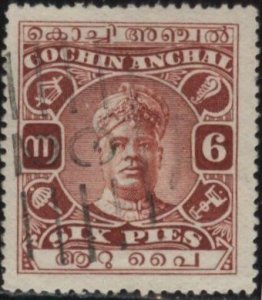 India: Cochin 25 (used) 6p Sri Rama Varma II, red brn (1922)