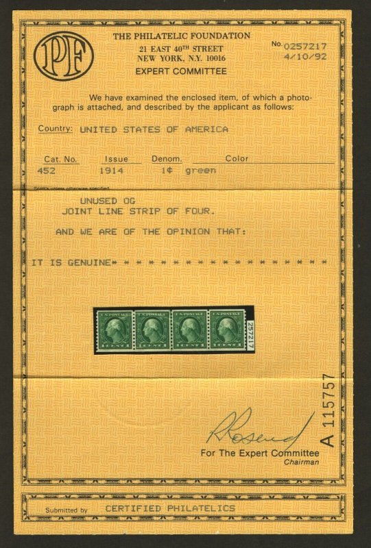 SCOTT #452 - Line Strip of 4 XF - OGnh - w/PF Certificate