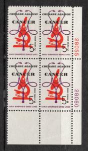 USA Plate Block # 1263 - M/NH - Crusade Against Cancer - LR - Plate 28060