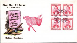 Philippines FDC 1958 - Andres Bonifacio - 4x60c Stamp - Block - F43373