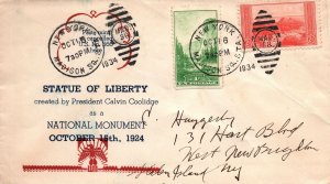 STATUE OF LIBERTY CACHET (1924) BEARING 1c & 2c NATIONAL PARKS CANCELLED 1934