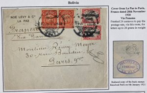 1920 La Paz Bolivia Commercial Cover To Paris France