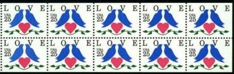 1990 Love Birds Stamp Booklet Pane Of 10 25c Postage Stamps, Sc# 2441, MNH, OG