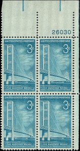 Scott # 1109 1958 3c turq bl  Mackinac Bridge  Plate Block - Upper Right - Mint 