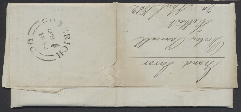 1852 Stampless SFL Manuscript Postmark Hay (Huron-UC) to Goderich Jurors Summons