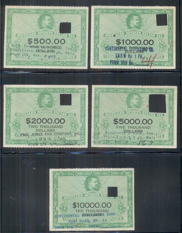 US #RX33/46, $3.00/$10,000.00 Distilled Spirits Tax stamps, 11 diff vals, used