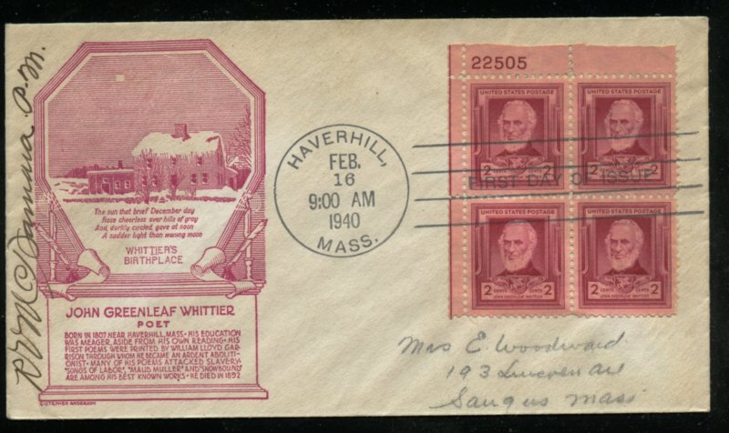 US 865 M=8 John Whittier Famous American Anderson cachet FDC Addr 
